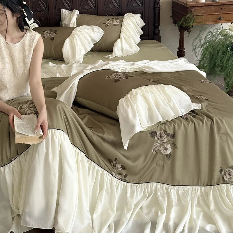 Bedding Set Breathable Cotton Satin Embroidered Rose Ruffled Skirt