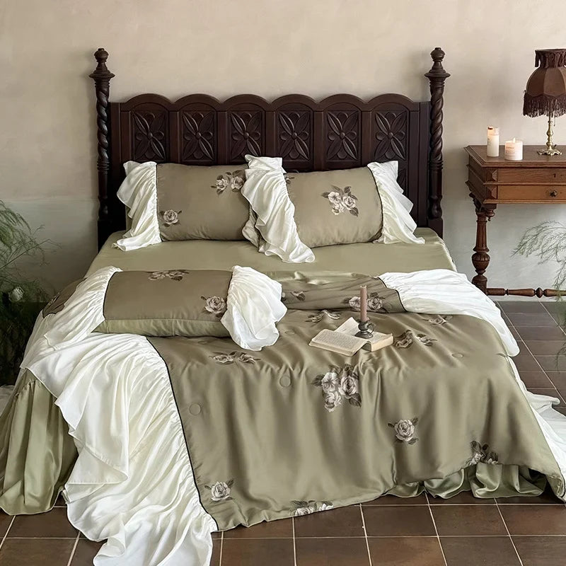 Bedding Set Breathable Cotton Satin Embroidered Rose Ruffled Skirt