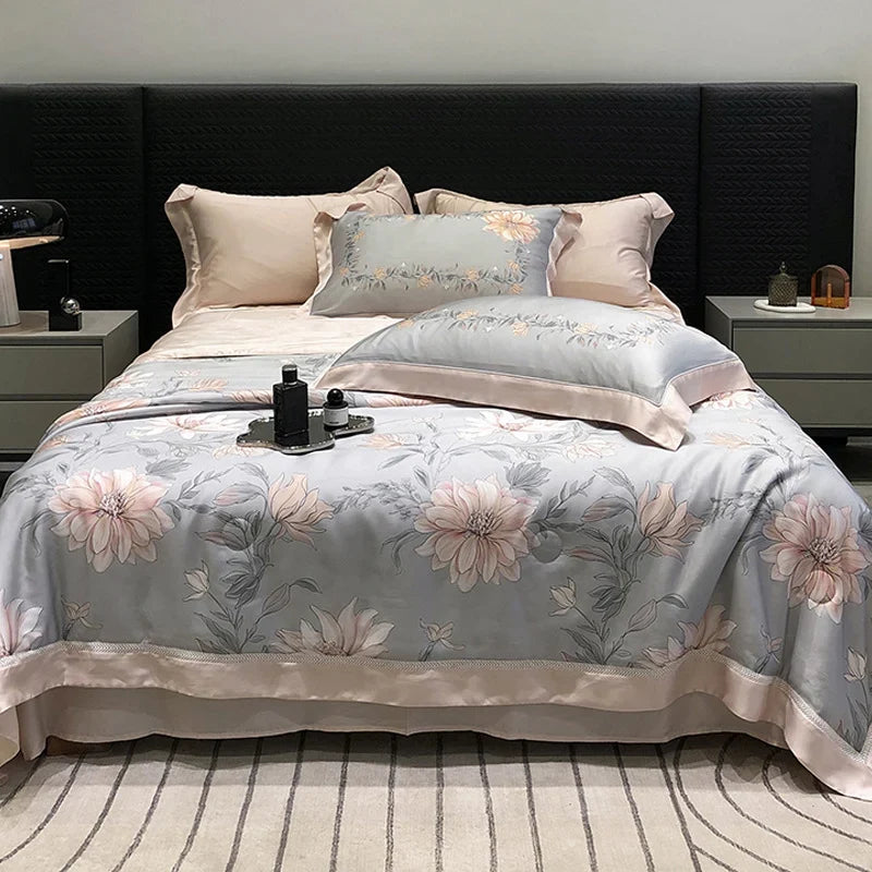 Bedding Set Breathable Cotton Satin Watercolor Floral & Ruffle Trim