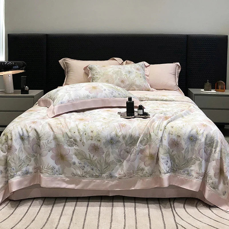 Bedding Set Breathable Cotton Satin Watercolor Floral & Ruffle Trim