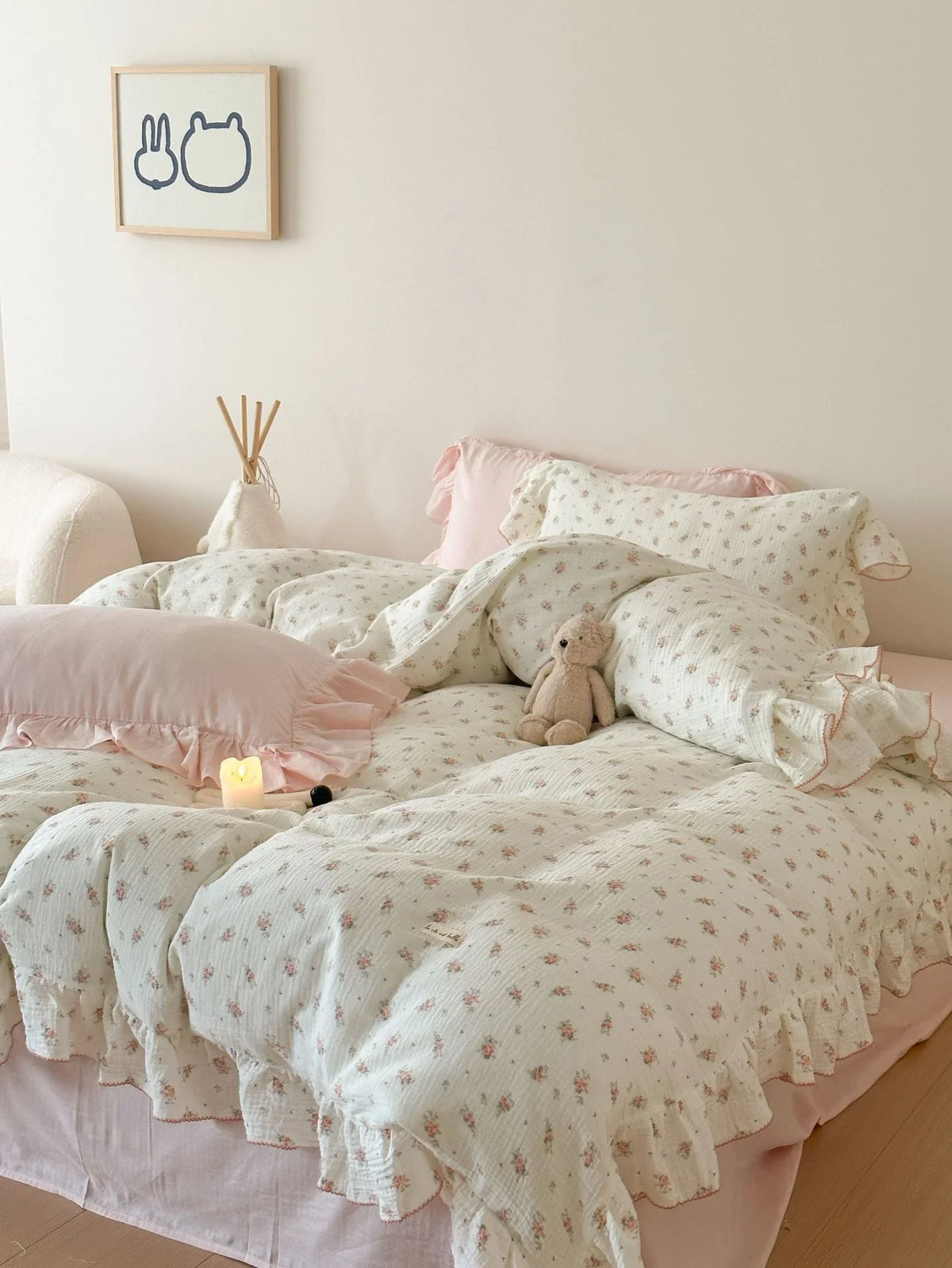 Bedding Set Breathable Double-Layer Cotton Gauze Ruffled Trim