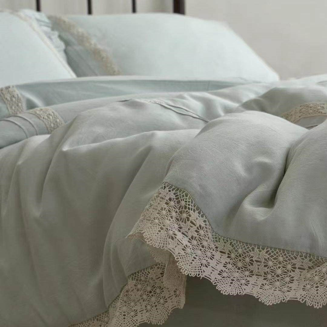 Bedding Set Breathable Linen-Look Crochet Lace Trim