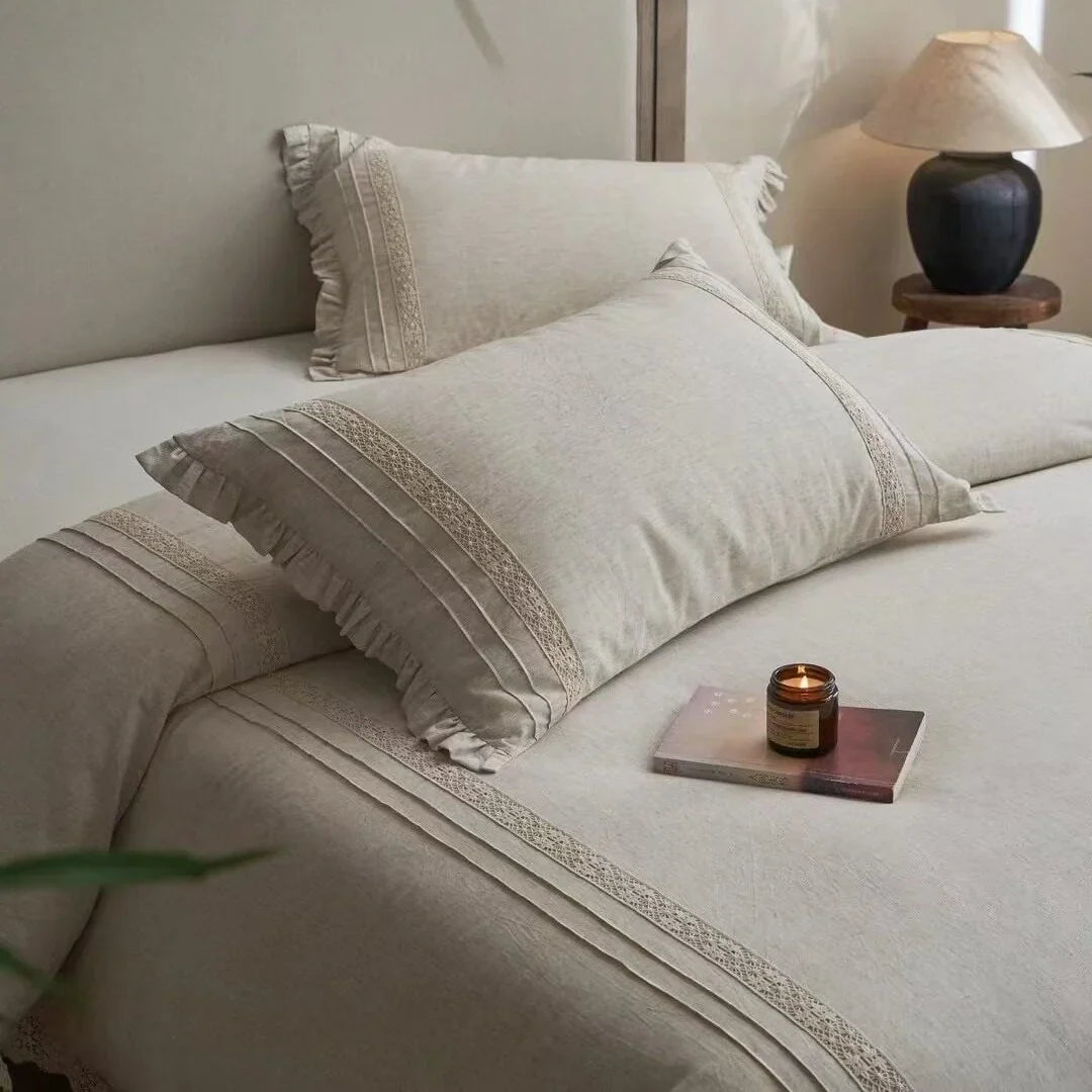 Bedding Set Breathable Linen-Look Crochet Lace Trim