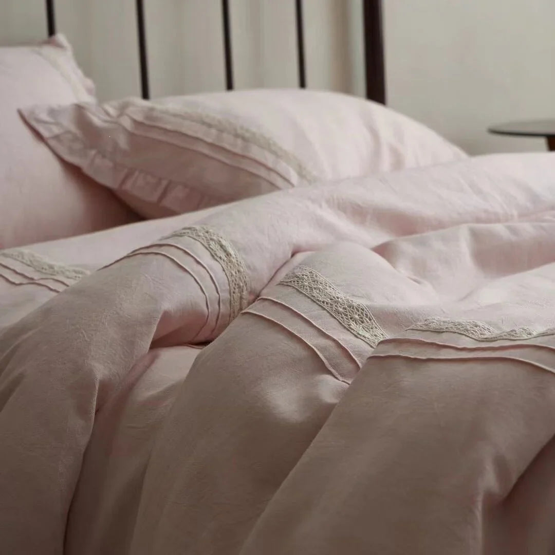 Bedding Set Breathable Linen-Look Crochet Lace Trim
