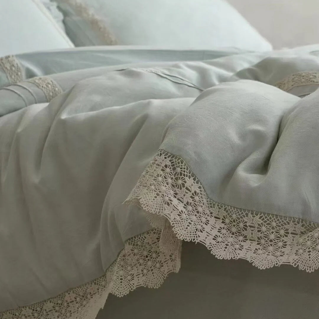 Bedding Set Breathable Linen-Look Crochet Lace Trim