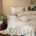 Bedding Set Breathable Washed Linen Blend Ruffle & Lace