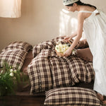 Bedding Set Checked Cotton Blend Ruffles & Embroidery