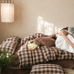 Bedding Set Checked Cotton Blend Ruffles & Embroidery