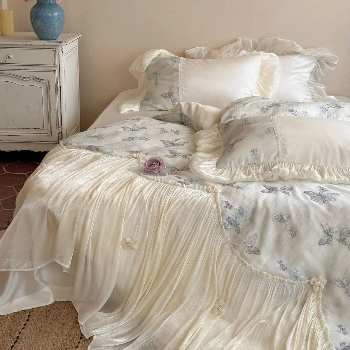 Bedding Set Cotton Blend Chiffon Ruffle Butterfly Embroidery 4-Piece