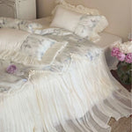 Bedding Set Cotton Blend Chiffon Ruffle Butterfly Embroidery 4-Piece