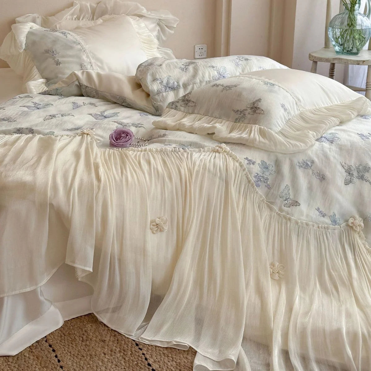 Bedding Set Cotton Blend Chiffon Ruffle Butterfly Embroidery 4-Piece