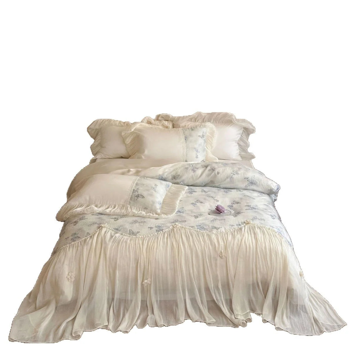Bedding Set Cotton Blend Chiffon Ruffle Butterfly Embroidery 4-Piece