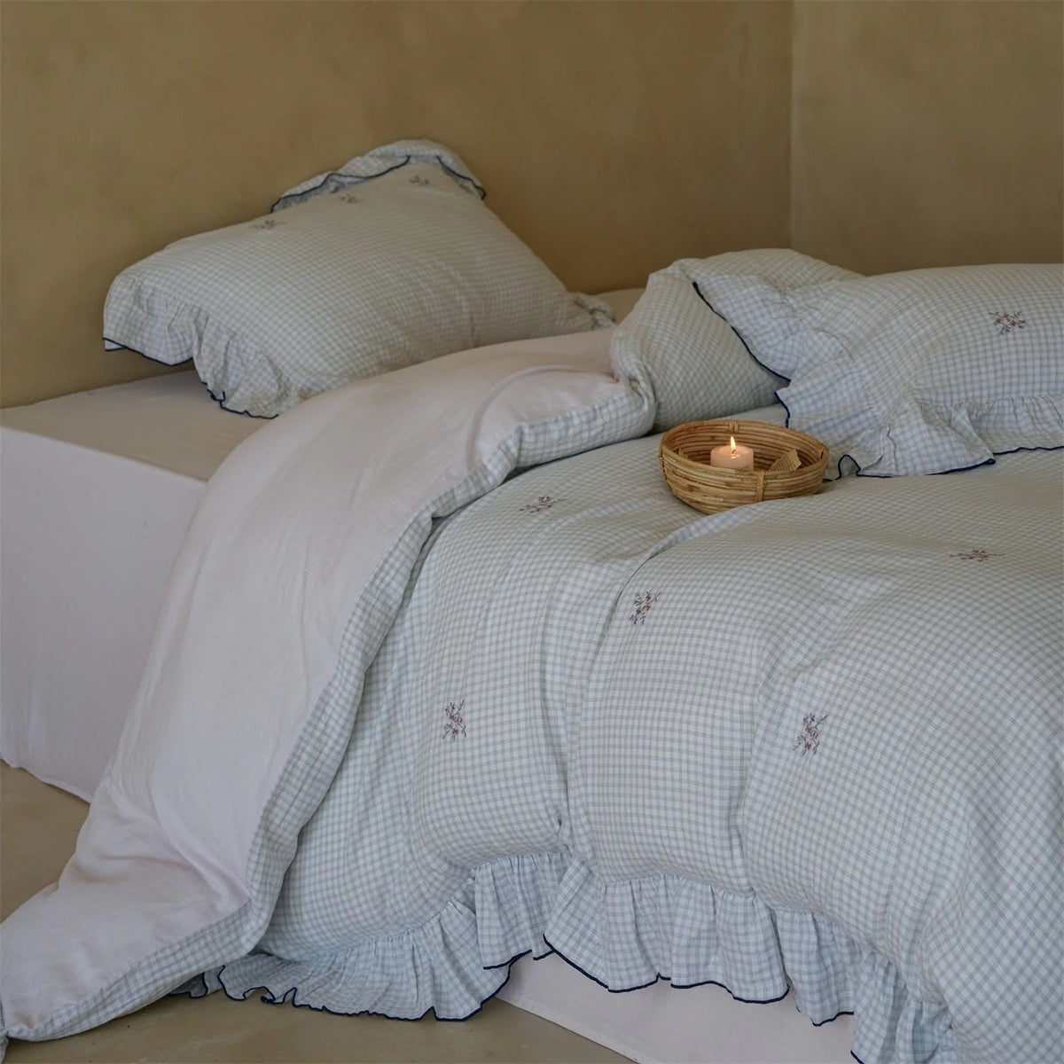Bedding Set Cotton Blend Quilted Gingham Floral Embroidery