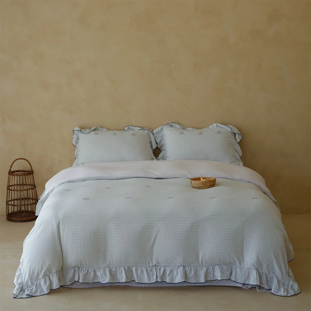 Bedding Set Cotton Blend Quilted Gingham Floral Embroidery