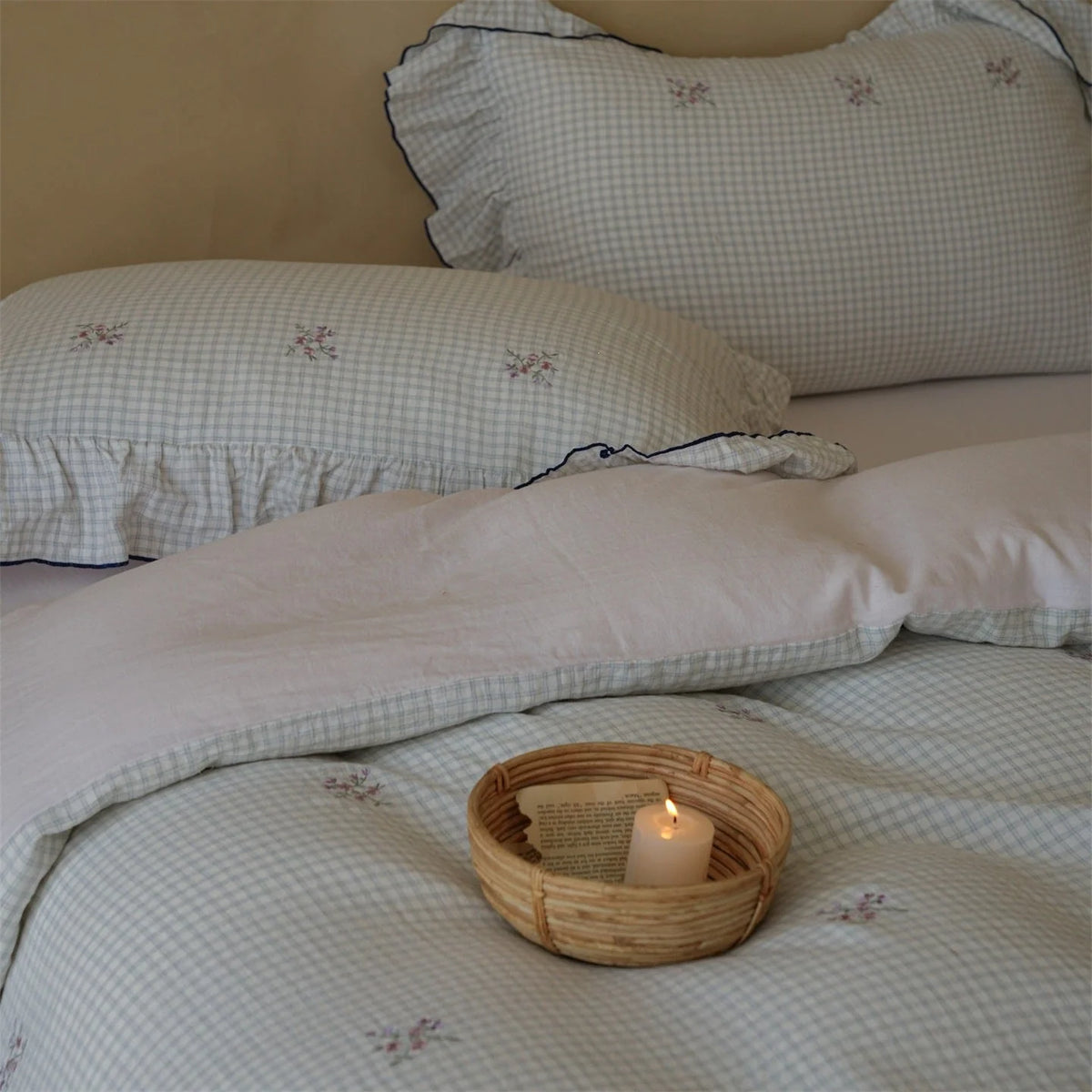 Bedding Set Cotton Blend Quilted Gingham Floral Embroidery