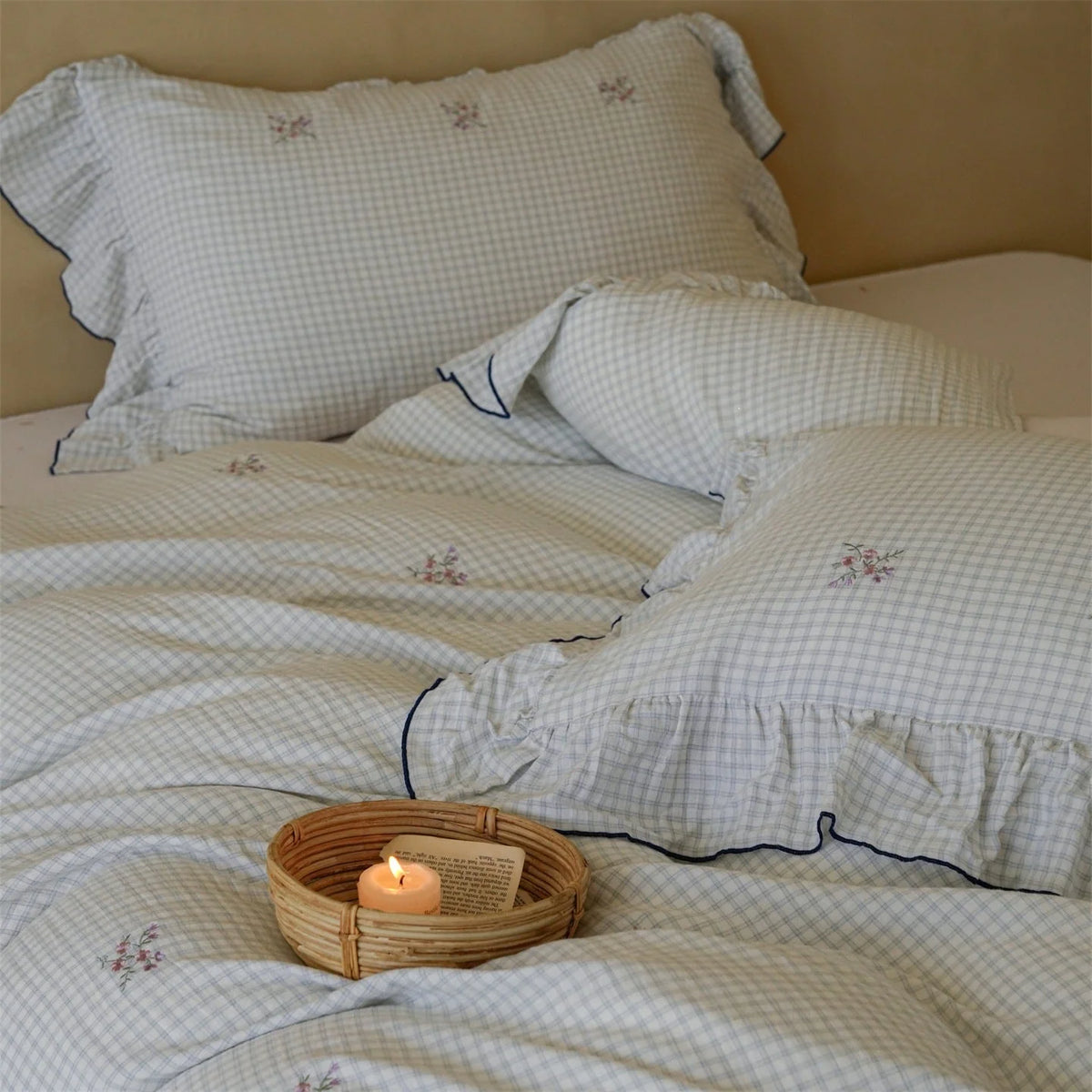 Bedding Set Cotton Blend Quilted Gingham Floral Embroidery