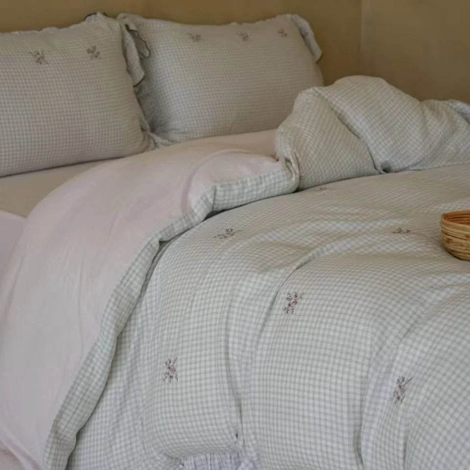 Bedding Set Cotton Blend Quilted Gingham Floral Embroidery