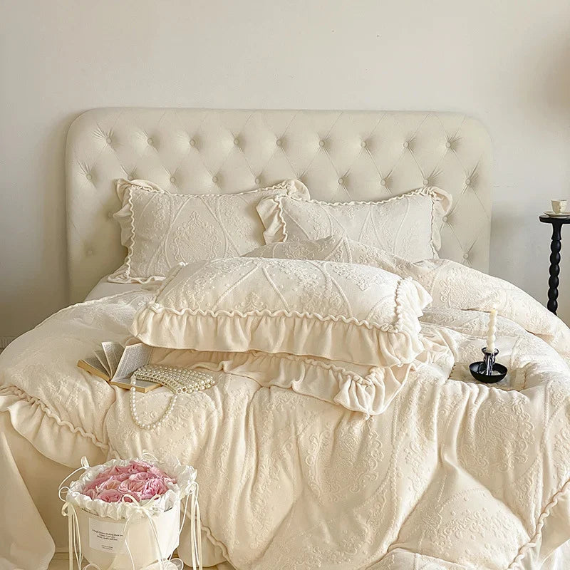 Bedding Set Cotton Blend Quilted Jacquard & Ruffle Trim