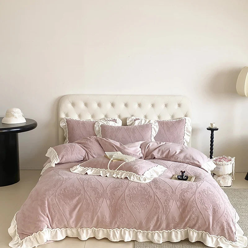 Bedding Set Cotton Blend Quilted Jacquard & Ruffle Trim