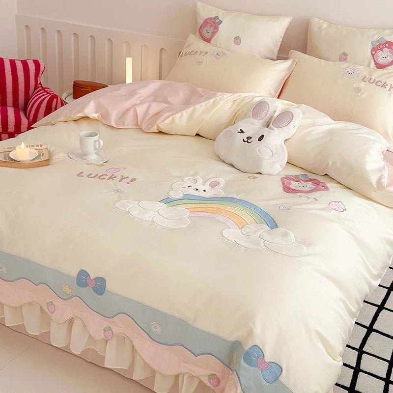 Bedding Set Cotton Blend Rainbow Bunny Appliqué Ruffles 3-Piece