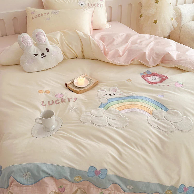 Bedding Set Cotton Blend Rainbow Bunny Appliqué Ruffles 3-Piece