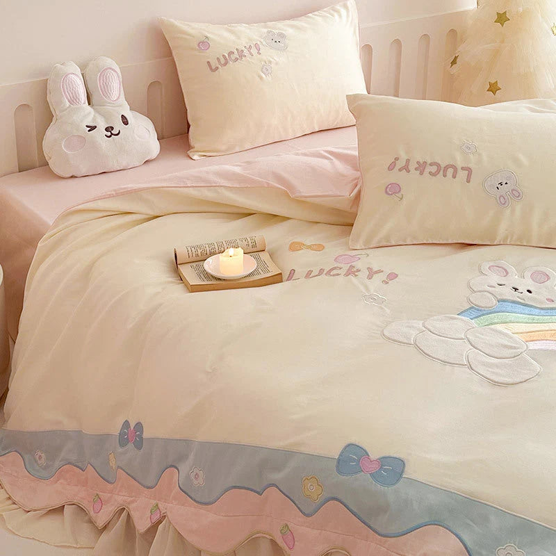 Bedding Set Cotton Blend Rainbow Bunny Appliqué Ruffles 3-Piece