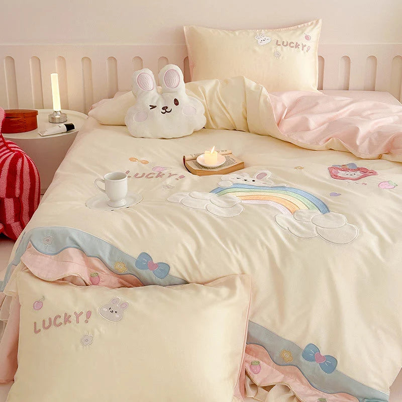 Bedding Set Cotton Blend Rainbow Bunny Appliqué Ruffles 3-Piece