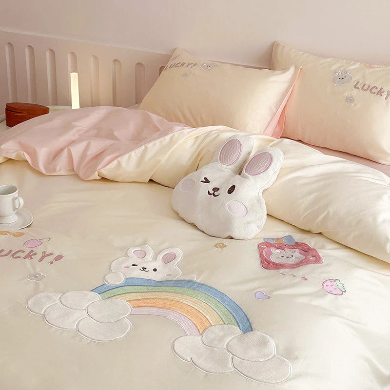 Bedding Set Cotton Blend Rainbow Bunny Appliqué Ruffles 3-Piece