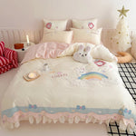 Bedding Set Cotton Blend Rainbow Bunny Appliqué Ruffles 3-Piece