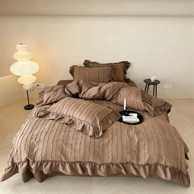 Bedding Set Cotton Blend Ribbed & Ruffled 4-Piece