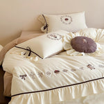 Bedding Set Cotton Blend Teddy Bear Embroidery Ruffled Trim