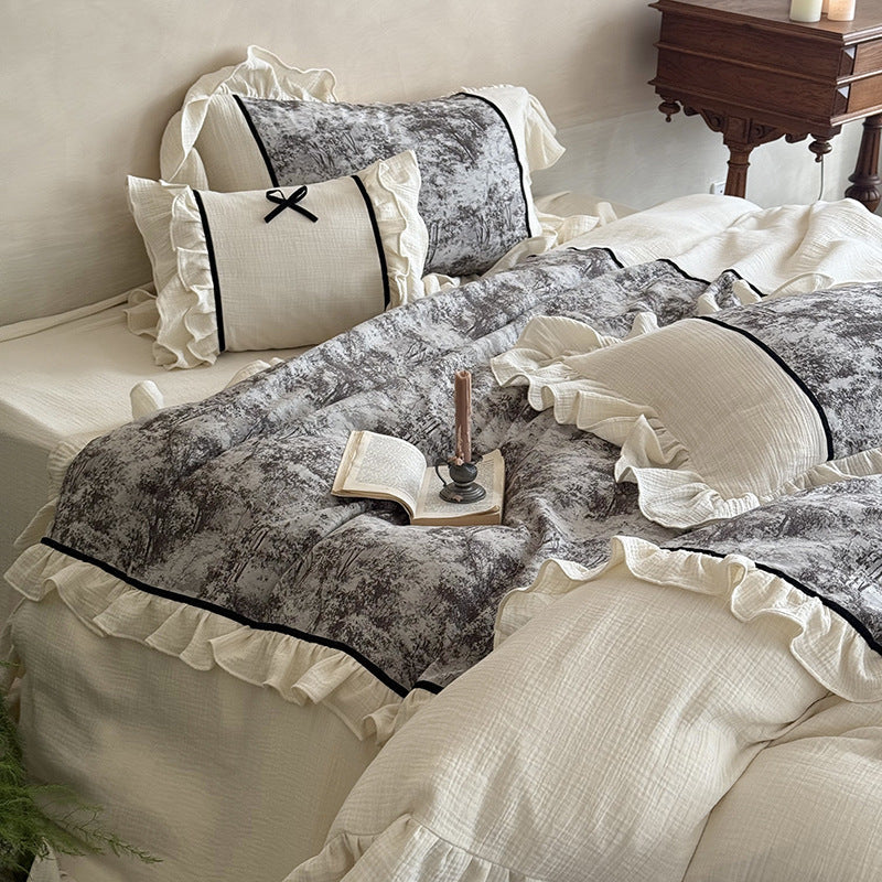 Bedding Set Cotton Gauze Breathable Velvet Ruffle & Contrast Piping