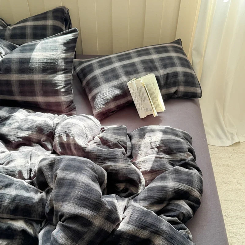 Bedding Set Cotton Gauze Washed Vintage Check 4-Piece