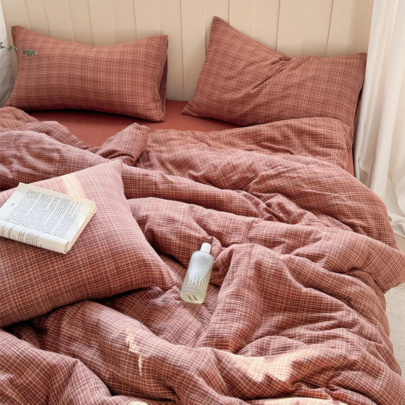 Bedding Set Cotton Gauze Washed Vintage Check 4-Piece