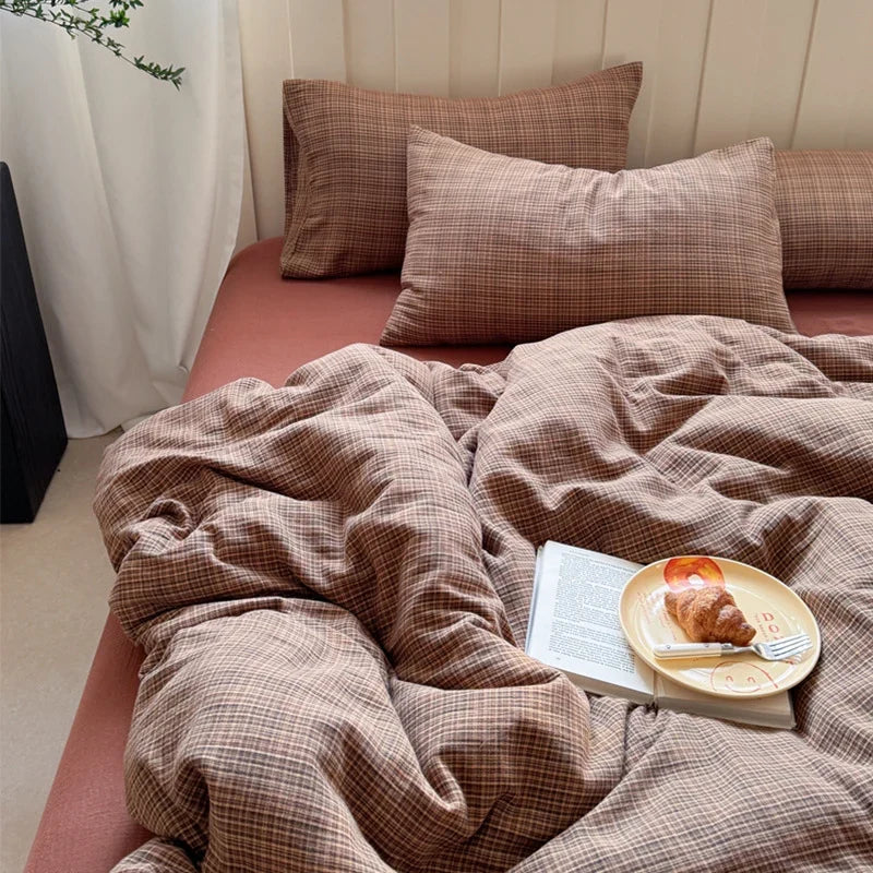 Bedding Set Cotton Gauze Washed Vintage Check 4-Piece