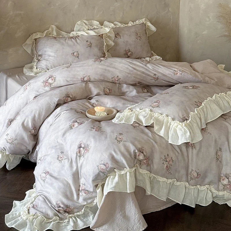 Bedding Set Cotton Gauze Watercolor Rose & Ruffle Trim