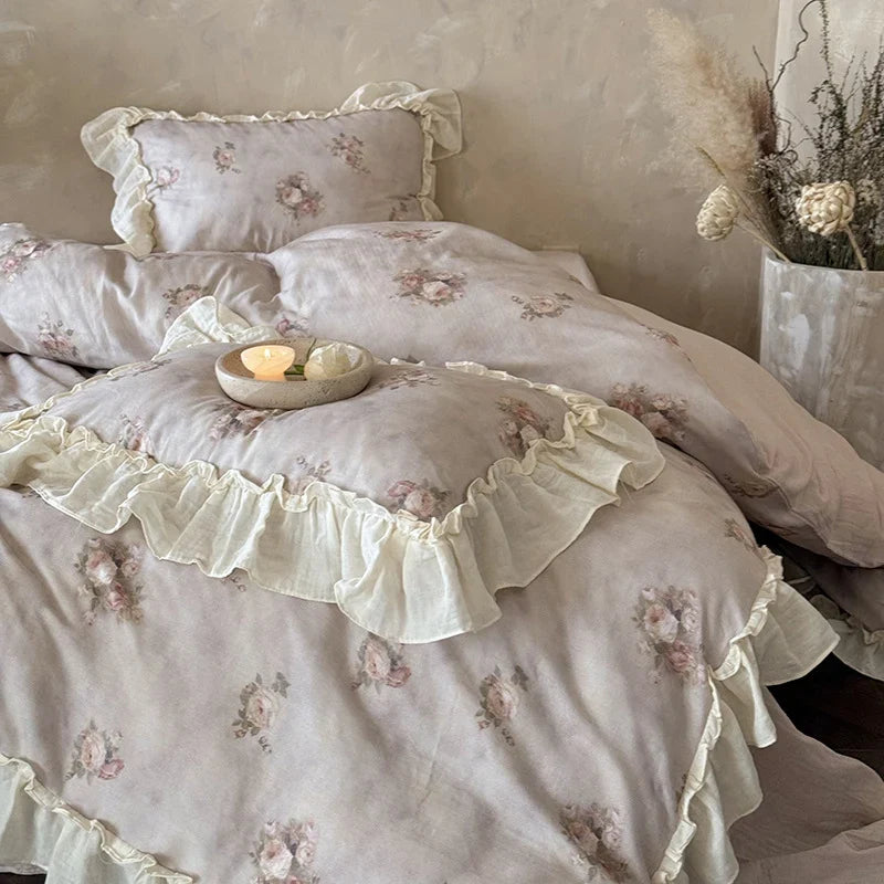 Bedding Set Cotton Gauze Watercolor Rose & Ruffle Trim