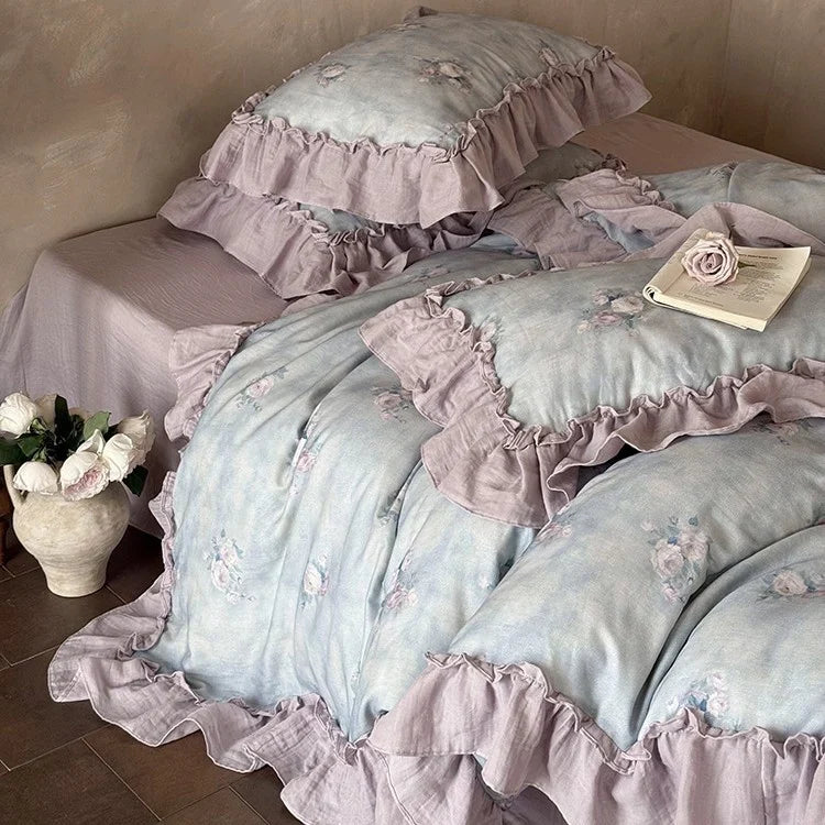 Bedding Set Cotton Gauze Watercolor Rose & Ruffle Trim