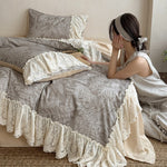 Bedding Set Cotton-Linen Blend Leaf Pattern Lace Ruffles 4-Piece Set
