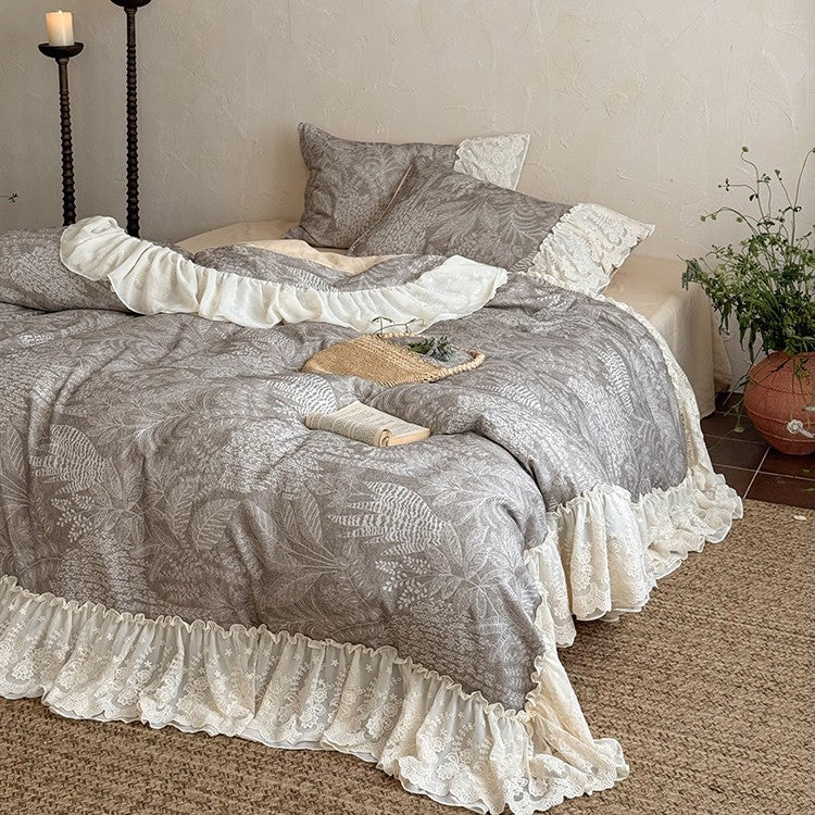 Bedding Set Cotton-Linen Blend Leaf Pattern Lace Ruffles 4-Piece Set