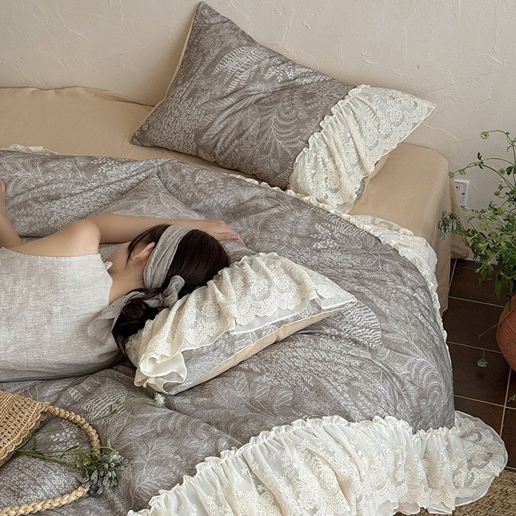 Bedding Set Cotton-Linen Blend Leaf Pattern Lace Ruffles 4-Piece Set