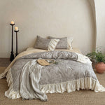 Bedding Set Cotton-Linen Blend Leaf Pattern Lace Ruffles 4-Piece Set