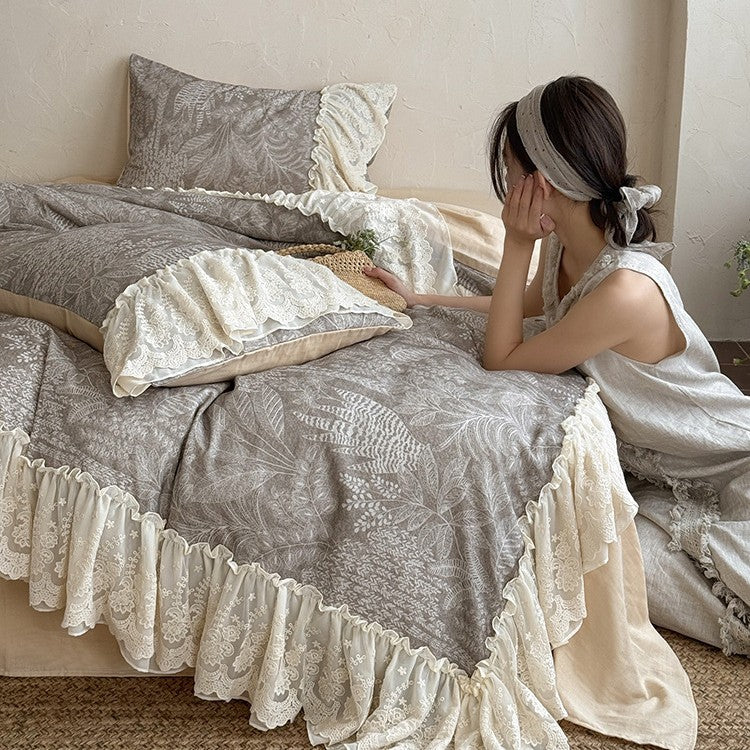 Bedding Set Cotton-Linen Blend Leaf Pattern Lace Ruffles 4-Piece Set