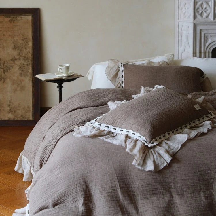 Bedding Set Cotton-Linen Blend Ruffle & Crochet Lace