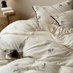 Bedding Set Cotton-Linen Breathable Floral Embroidery & Bow Closures