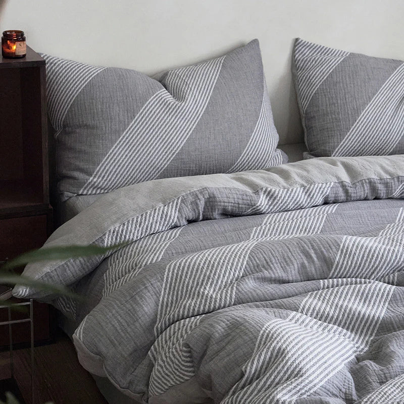 Bedding Set Cotton-Linen Breathable Reversible Stripes 4-Piece