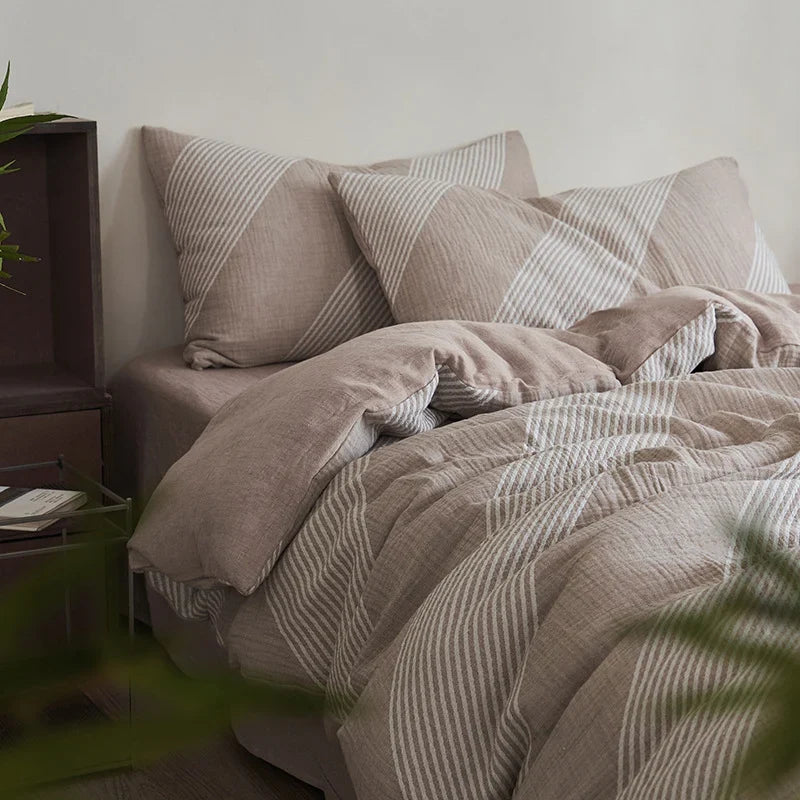 Bedding Set Cotton-Linen Breathable Reversible Stripes 4-Piece