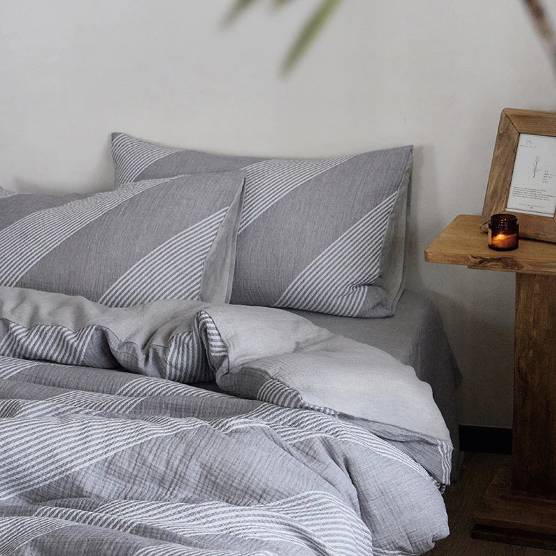 Bedding Set Cotton-Linen Breathable Reversible Stripes 4-Piece