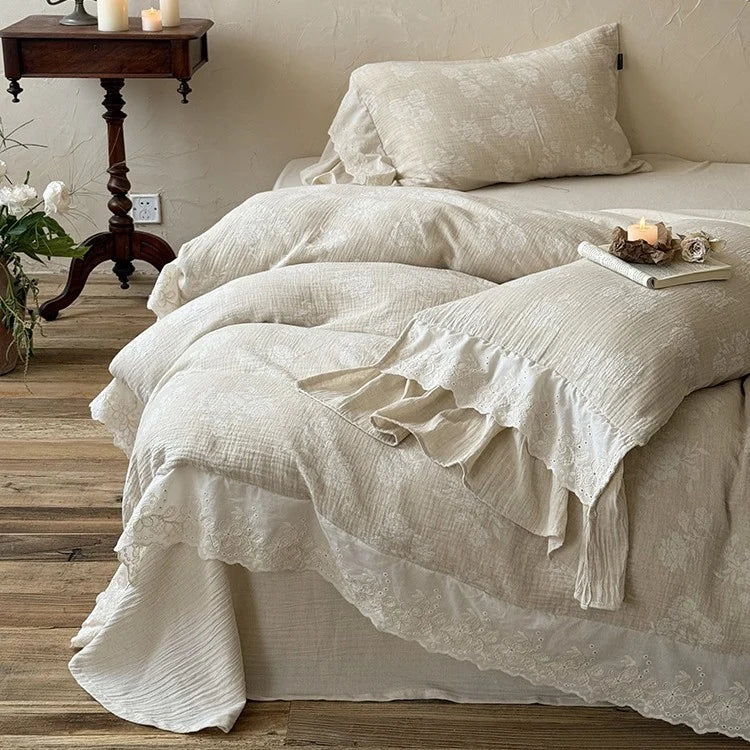 Bedding Set Cotton-Linen Broderie Anglaise & Ruffled 4-Piece