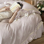 Bedding Set Cotton-Linen Broderie Anglaise & Ruffled 4-Piece